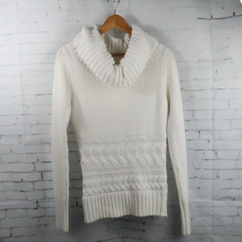 WHITE HOUSE BLACK MARKET IVORY CABLE KNIT COWL NECK TUNIC SWEATER SIZE SMALL